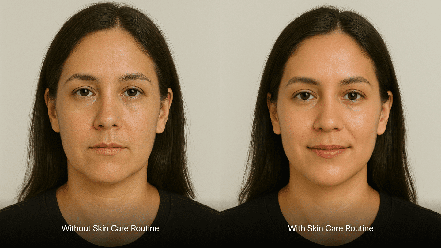 How skincare habits can impact the appearance of your skin - comparison of a person who uses skincare v a person who doesn't on Fitzpatrick Type 3 skin